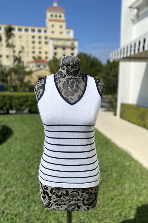 Kinross Vee Tank in White and Navy available at Mildred Hoit in Palm Beach.
