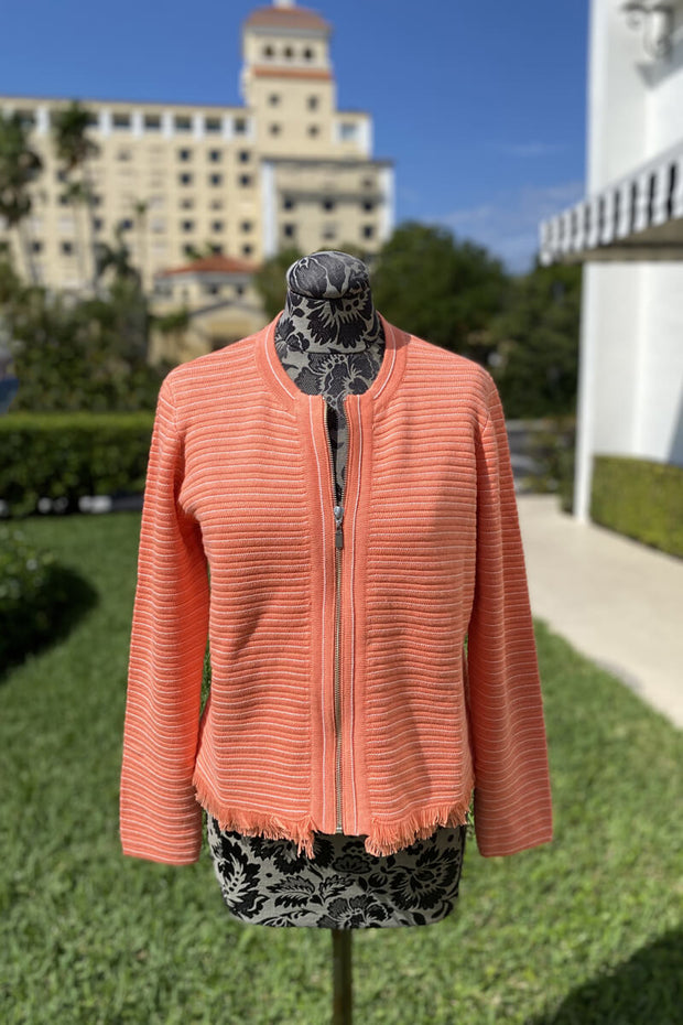 Kinross Texture Fringe Zip Cardigan in Coral and White available at Mildred Hoit in Palm Beach.