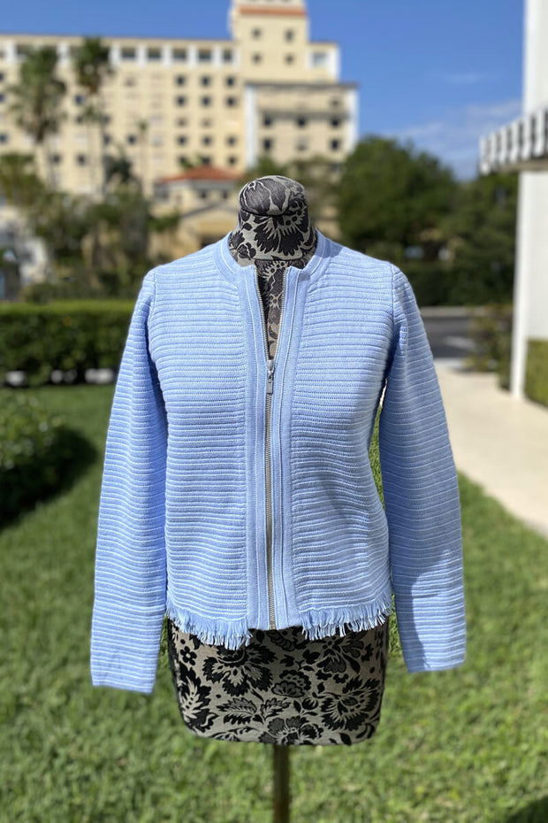 Kinross Texture Fringe Zip Cardigan in Periwinkle and White available at Mildred Hoit in Palm Beach.