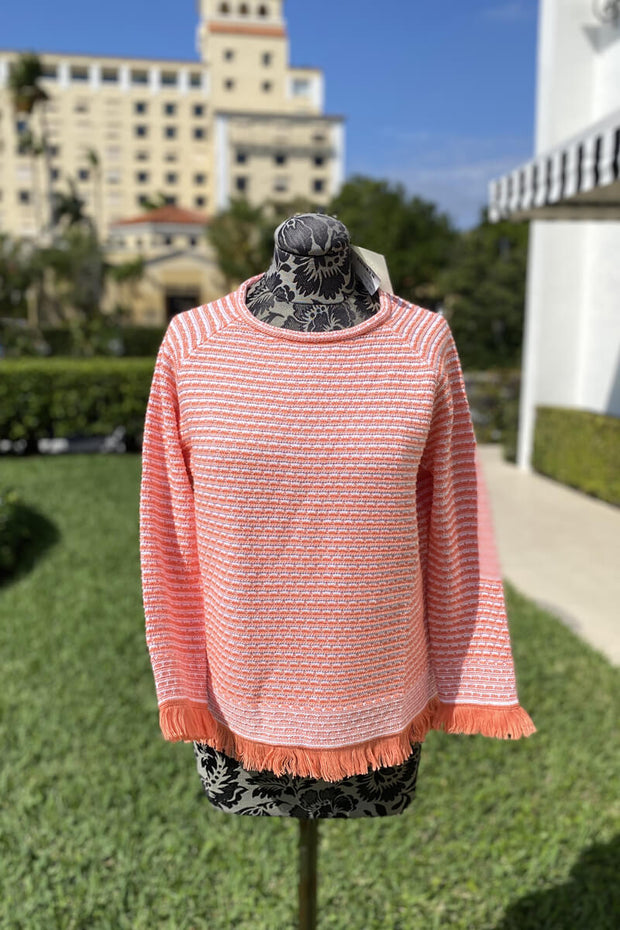 Kinross Textured Fringe Pullover in Coral and White available at Mildred Hoit in Palm Beach.
