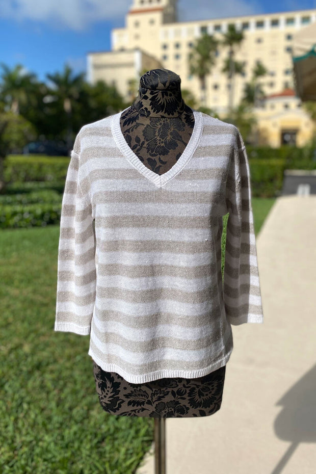 Kinross V Neck Almond and White Stripe Top available at Mildred Hoit.