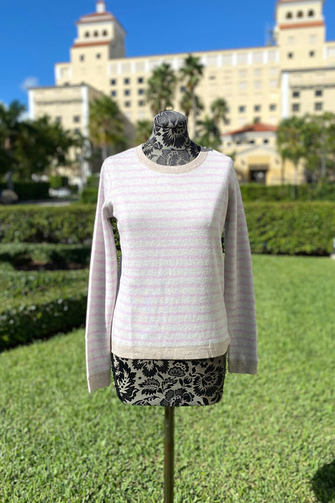 Kinross Reversible Stripe Crew Sweater in Mushroom available at Mildred Hoit in Palm Beach.