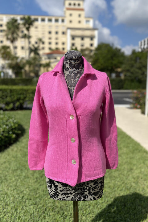 Notched Collar Button Down Cardigan in Hot Pink available at Mildred Hoit in Palm Beach.