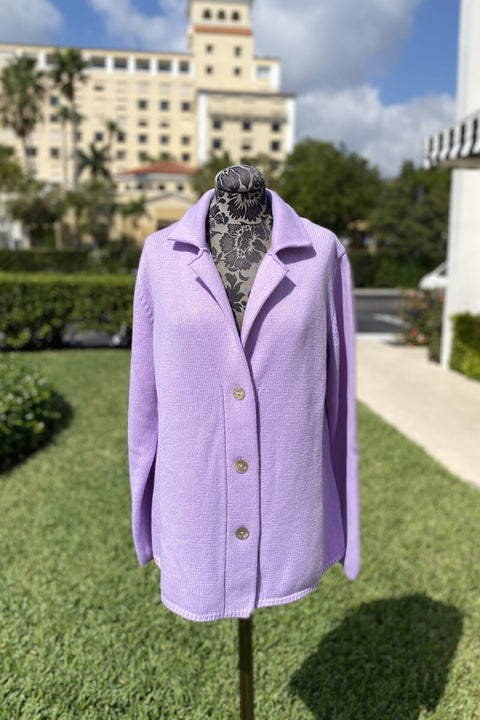 Notched Collar Button Down Cardigan in Lavender available at Mildred Hoit in Palm Beach.
