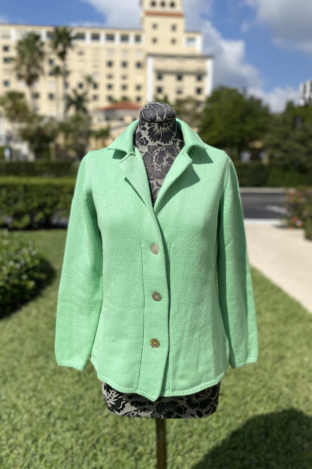 Notched Collar Button Down Cardigan in Mint available at Mildred Hoit in Palm Beach.