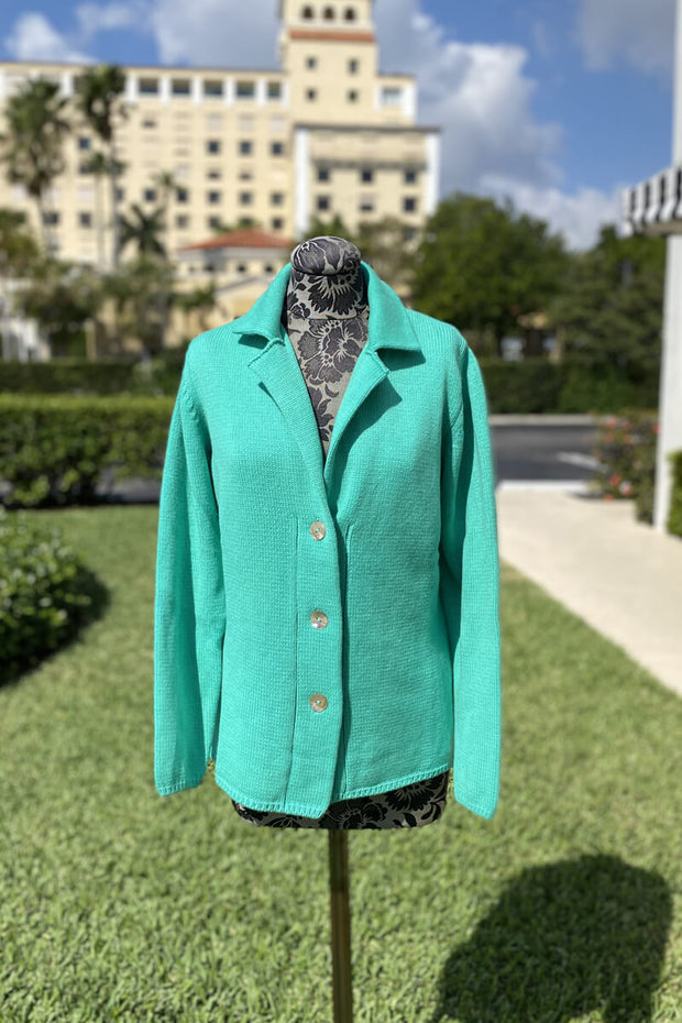 Notched Collar Button Down Cardigan in Teal available at Mildred Hoit in Palm Beach.