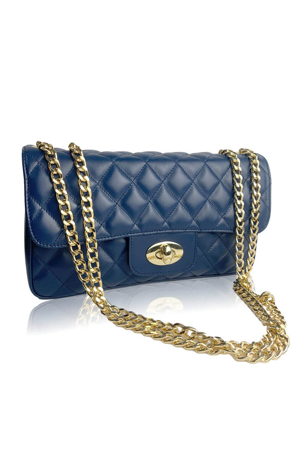 Long Quilted Leather Handbag in Ocean available at Mildred Hoit in Palm Beach.