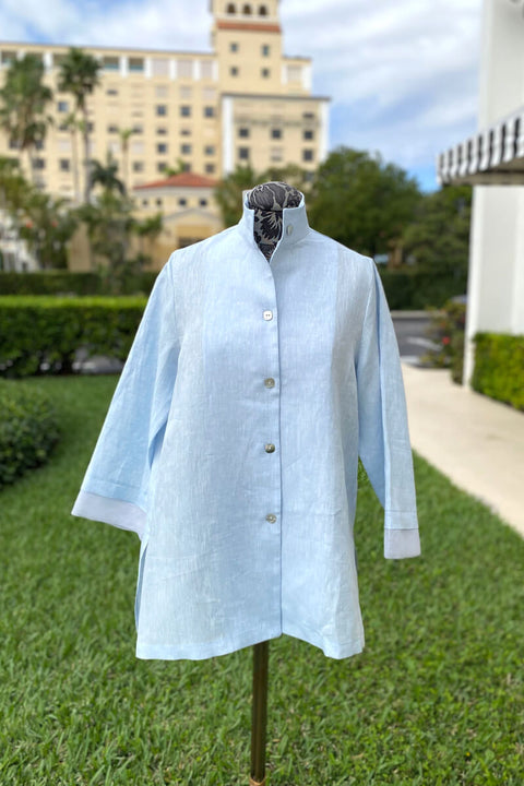 Lorain Croft Button Down Linen Blouse in Light Blue available at Mildred Hoit in Palm Beach.