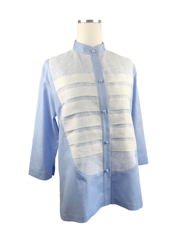 Tuxedo Mesh Bib Plaid Blouse - Periwinkle available at Mildred Hoit in Palm Beach.