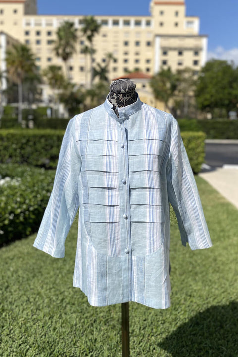 Tuxedo Blouse in Blue Stripe available at Mildred Hoit in Palm Beach.