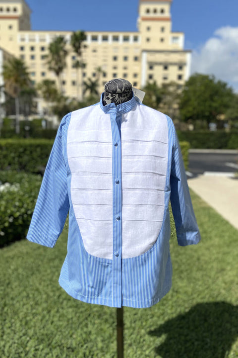 Tuxedo Cotton Blouse in Blue and White Stripe available at Mildred Hoit in Palm Beach.