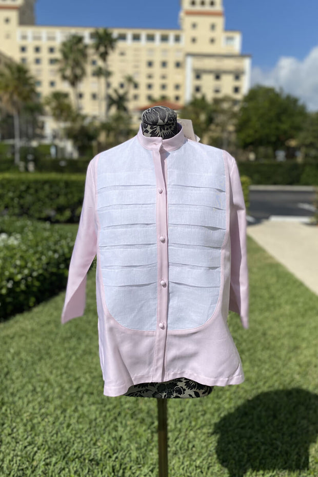 Tuxedo Blouse with Mesh Detail in Pink Herringbone available at Mildred Hoit in Palm Beach.