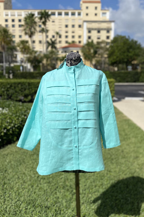 Tuxedo Blouse in Turquoise available at Mildred Hoit in Palm Beach.