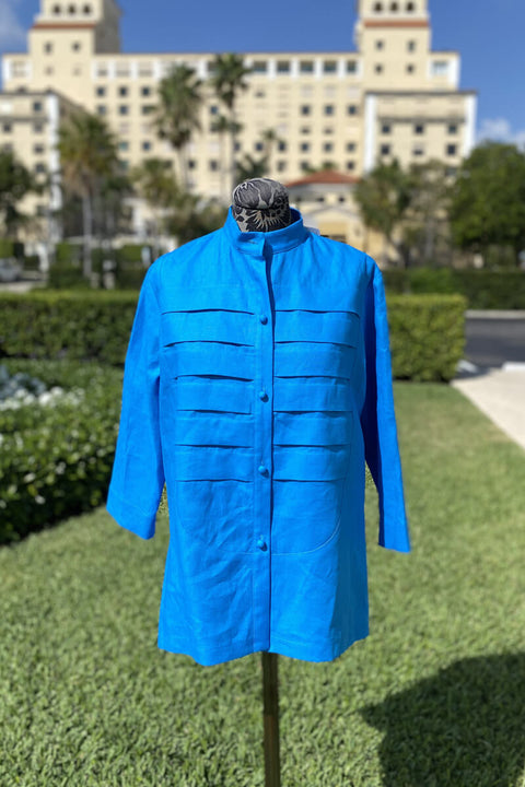 Tuxedo Linen Blouse in Blue available at Mildred Hoit in Palm Beach.