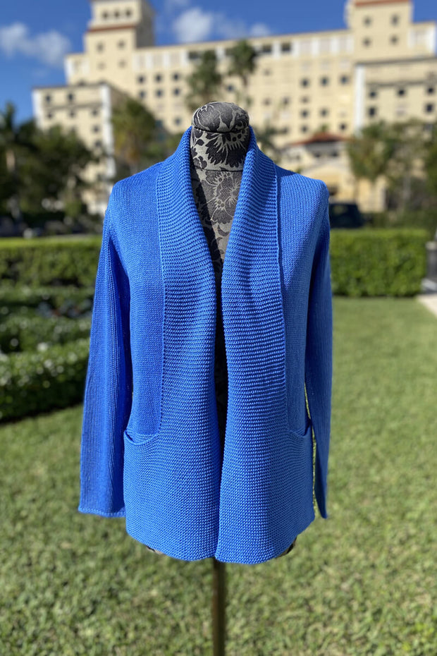 Marble Open Front Long Cardigan in Royal Blue available at Mildred Hoit in Palm Beach.
