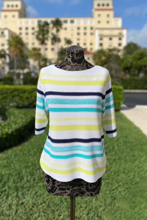 Striped Sweater in Navy, Teal, and Green available at Mildred Hoit. 