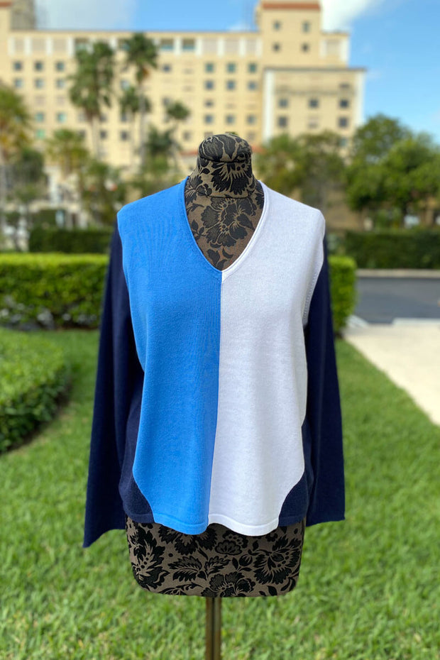 Colorblock Sweater in French Blue, Navy, and White available at Mildred Hoit.