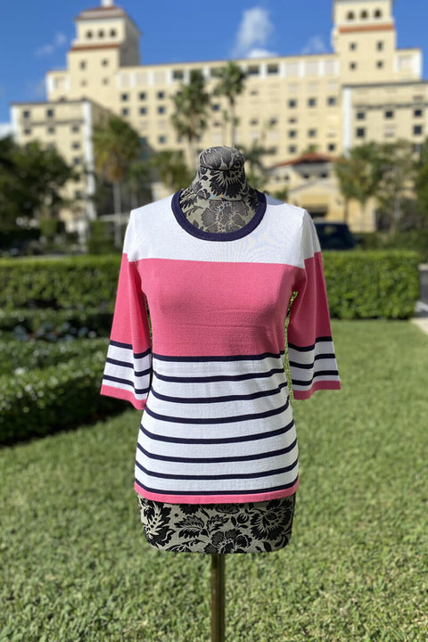 3/4 Sleeve Crew Neck Top in Coral and Navy