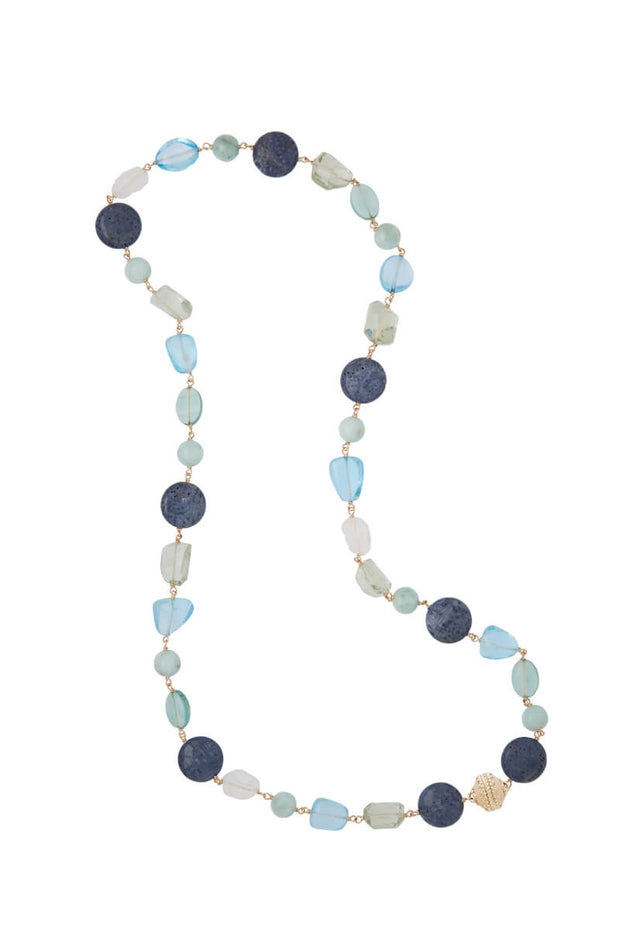 Clara Williams Caspian Fluorite, Coral and Blue Topaz Necklace available at Mildred Hoit in Palm Beach.