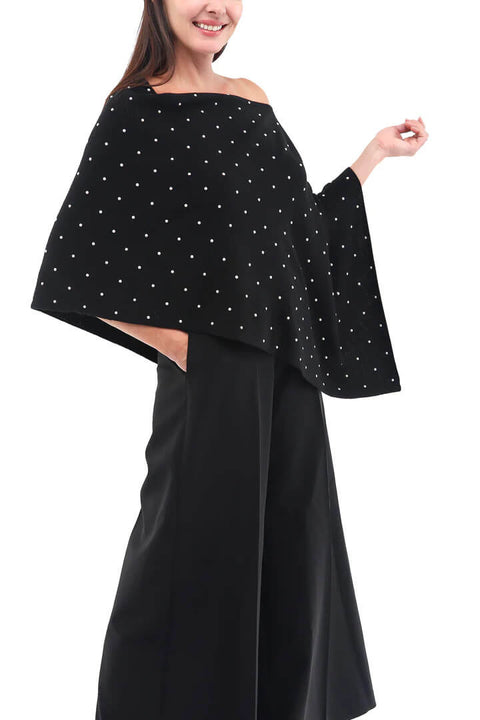 Cashmere Poncho with Pearls in Black