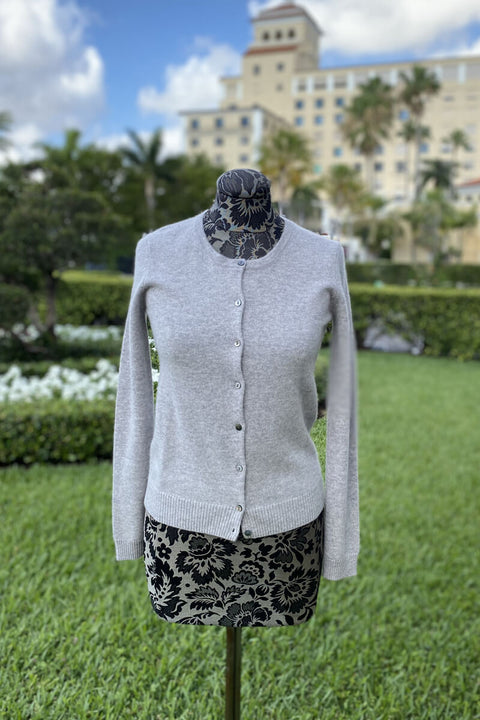 Button Down Cardigan in Heathered Grey available at Mildred Hoit in Palm Beach.