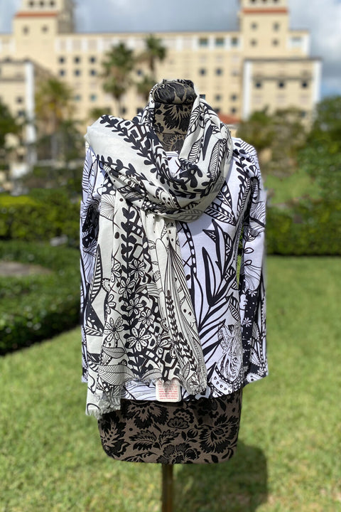 Pashma Black and White Floral Sweater and Scarf Set available at Mildred Hoit.