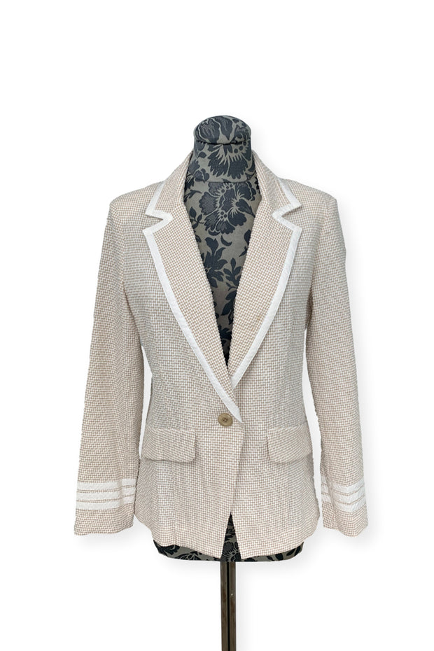 Peace of Cloth Seersucker Blazer in Tan and White available at Mildred Hoit in Palm Beach.