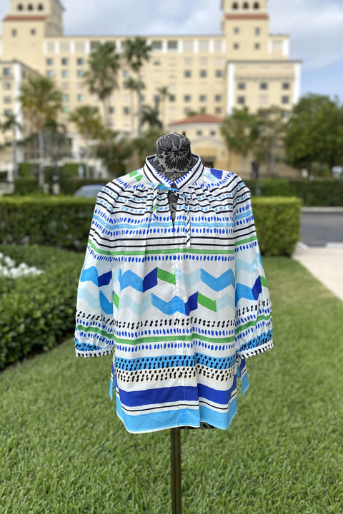 Italian Cotton Printed Top in White, Green, and Blue available at Mildred Hoit in Palm Beach.