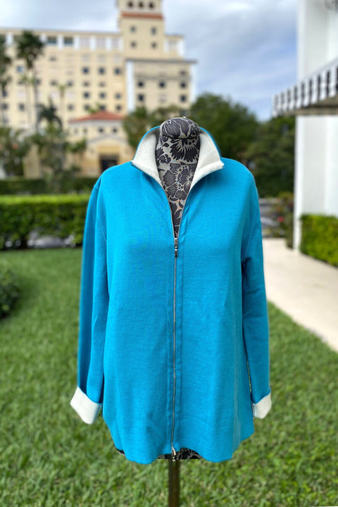 Richard Grand Cashmere Jacket in Turquoise and White available at Mildred Hoit in Palm Beach.
