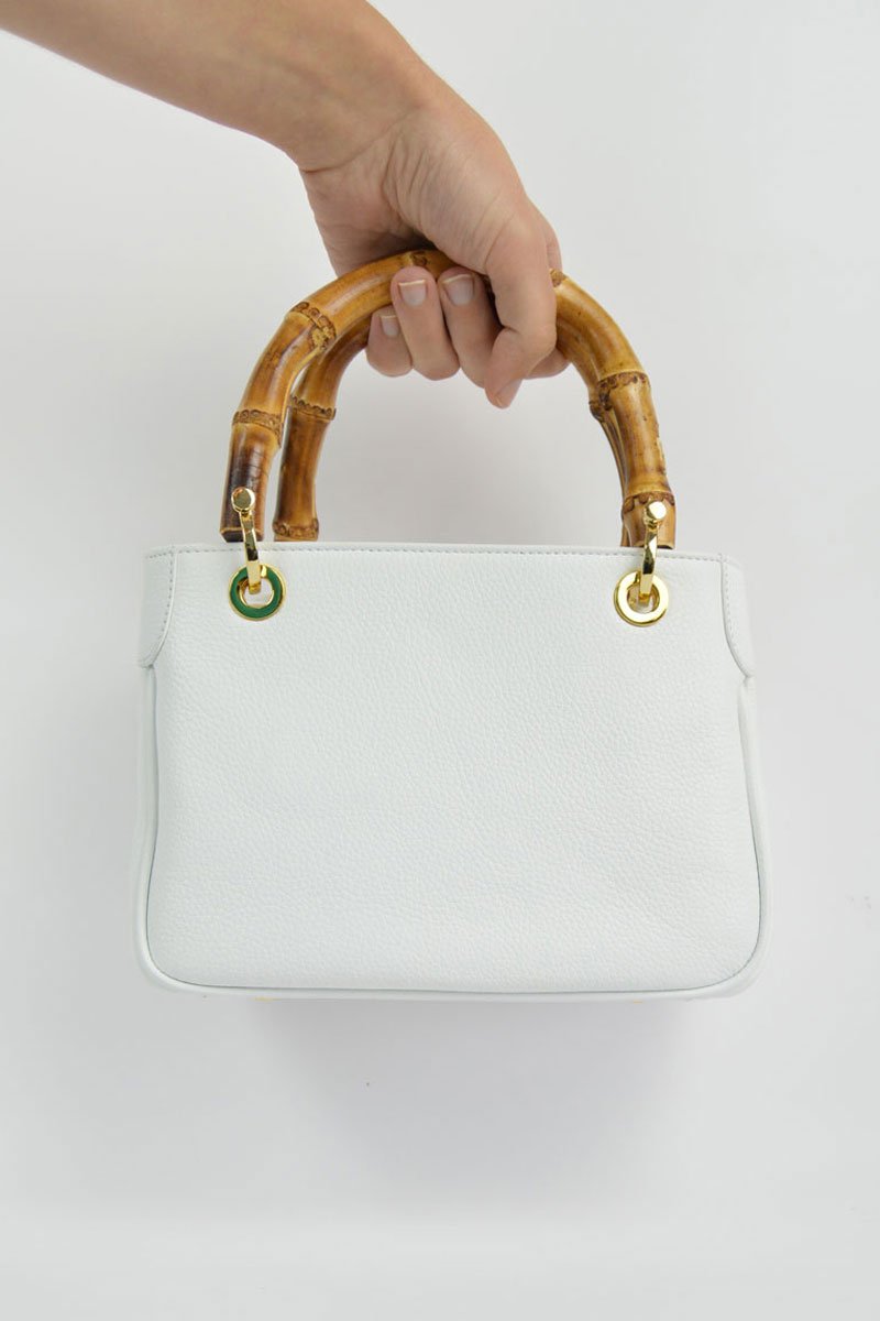 Small White Deerskin Handbag With Bamboo Handles - Mildred Hoit