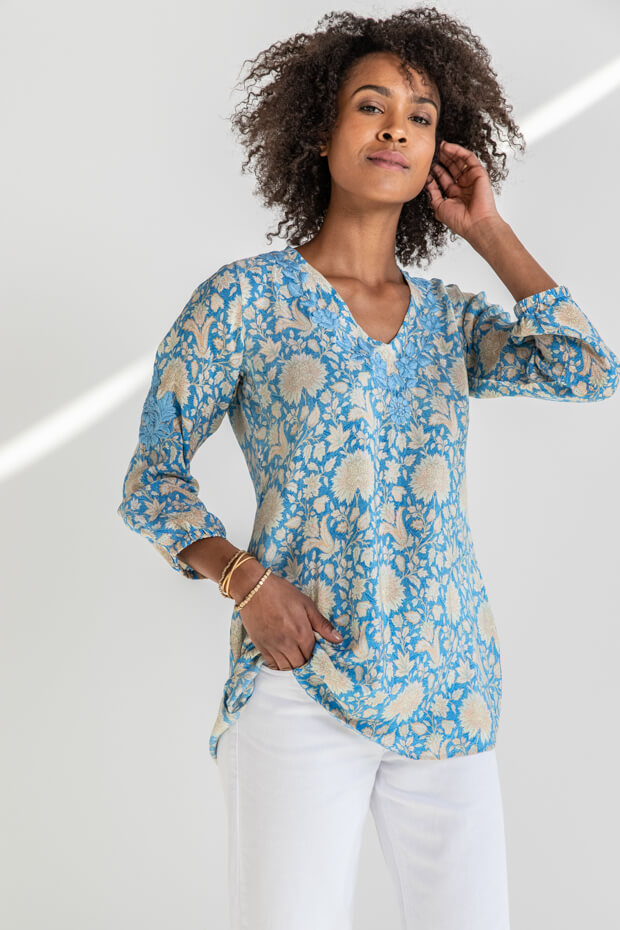 Amaya Solace Tunic in Blue available at Mildred Hoit in Palm Beach.