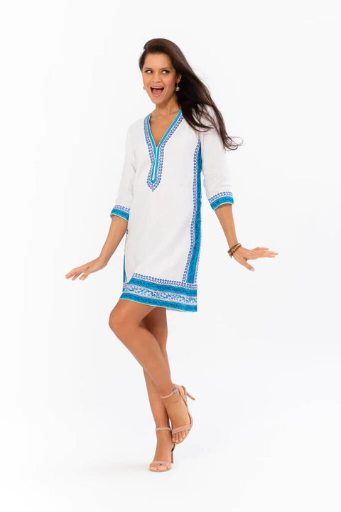 Sulu St. Tropez Dress in Linen White and Blue available at Mildred Hoit in Palm Beach.
