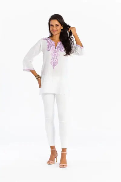 Sulu Catalina Tunic in White and Purple available at Mildred Hoit in Palm Beach.