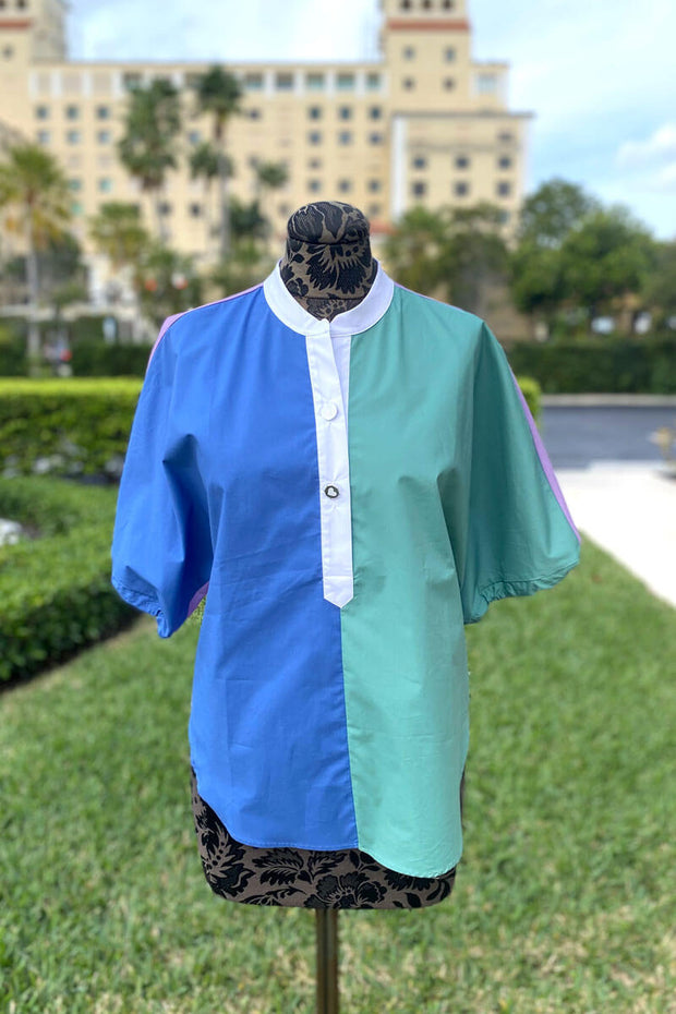 Vilagallo Green and Blue Cotton Blouse available at Mildred Hoit.