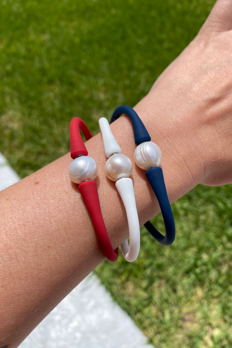 Pearl and Silicone Triple Bracelets - Red, White, and Blue - Mildred Hoit