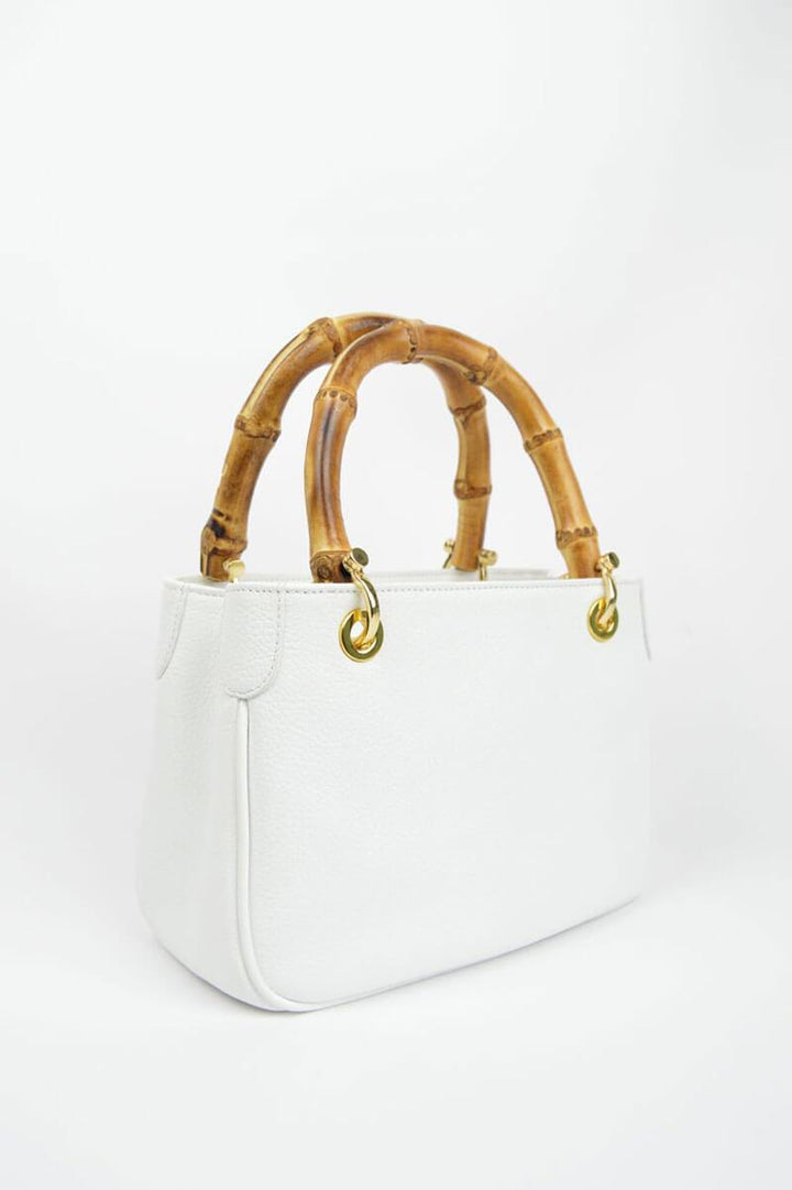 Small White Deerskin Handbag With Bamboo Handles - Mildred Hoit